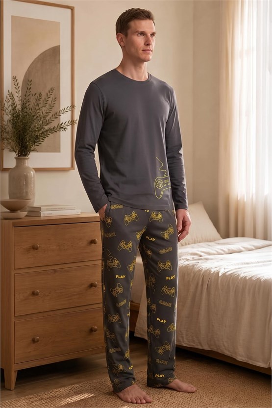 Mısırlı Erkek Bisiklet Yaka Baskılı Pijama Takımı Antrasit