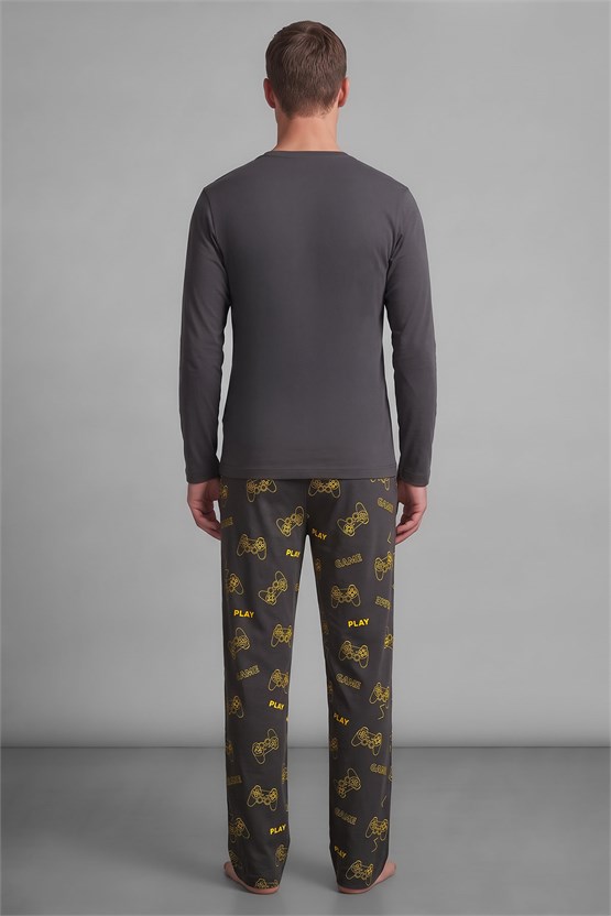 Mısırlı Erkek Bisiklet Yaka Baskılı Pijama Takımı Antrasit