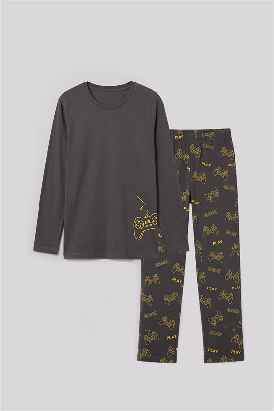 Mısırlı Erkek Bisiklet Yaka Baskılı Pijama Takımı Antrasit