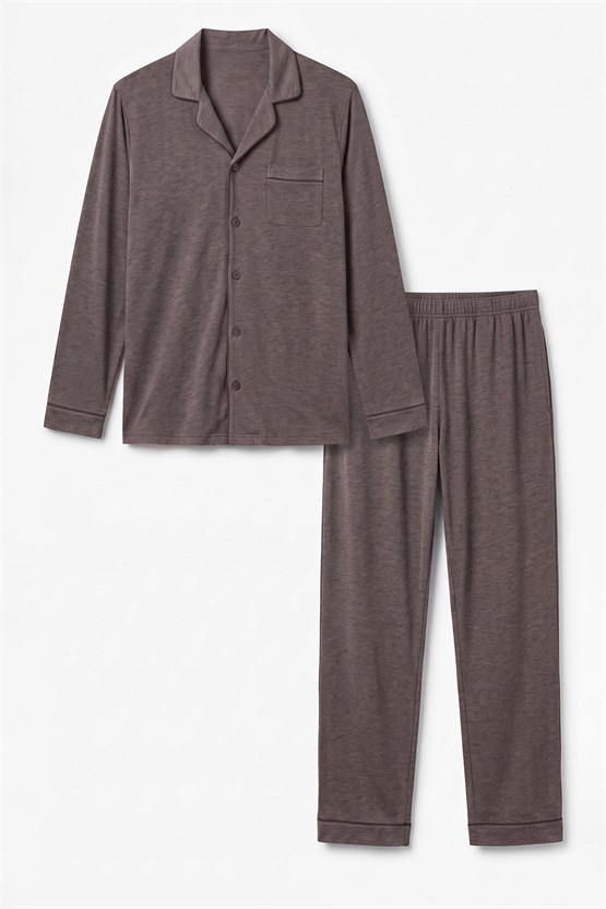 Mısırlı Erkek Gömlek Yaka Biye Detaylı Pijama Takım Kahverengi Melanj