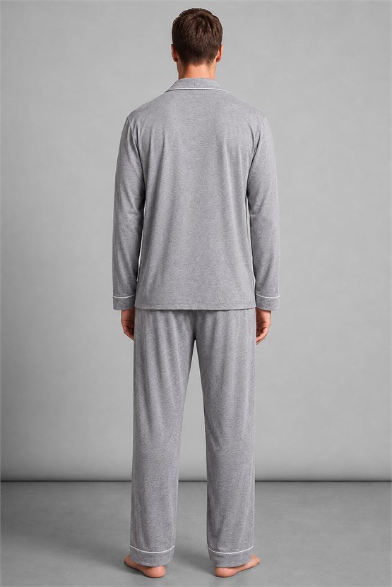 Mısırlı Erkek Gömlek Yaka Biye Detaylı Pijama Takım Gri Melanj