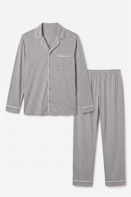 Mısırlı Erkek Gömlek Yaka Biye Detaylı Pijama Takım Gri Melanj