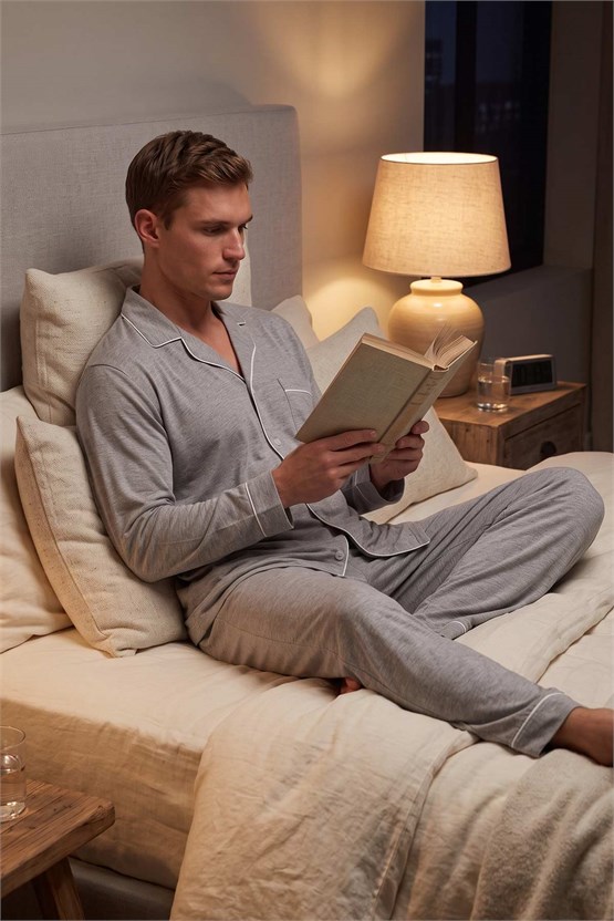 Mısırlı Erkek Gömlek Yaka Biye Detaylı Pijama Takım Gri Melanj