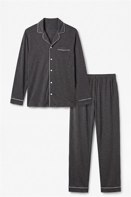 Mısırlı Erkek Gömlek Yaka Biye Detaylı Pijama Takım Antrasit Melanj
