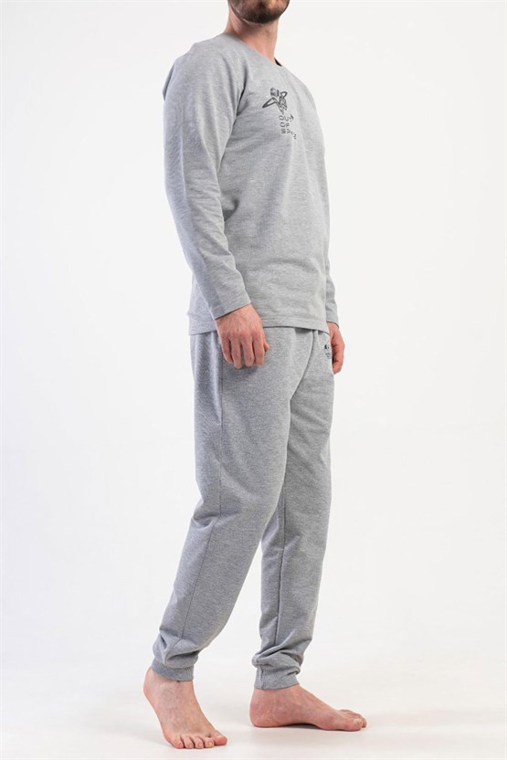 Mısırlı Erkek İki İplik Bisiklet Yaka Uzun Kollu Pijama Takımı Gri Melanj