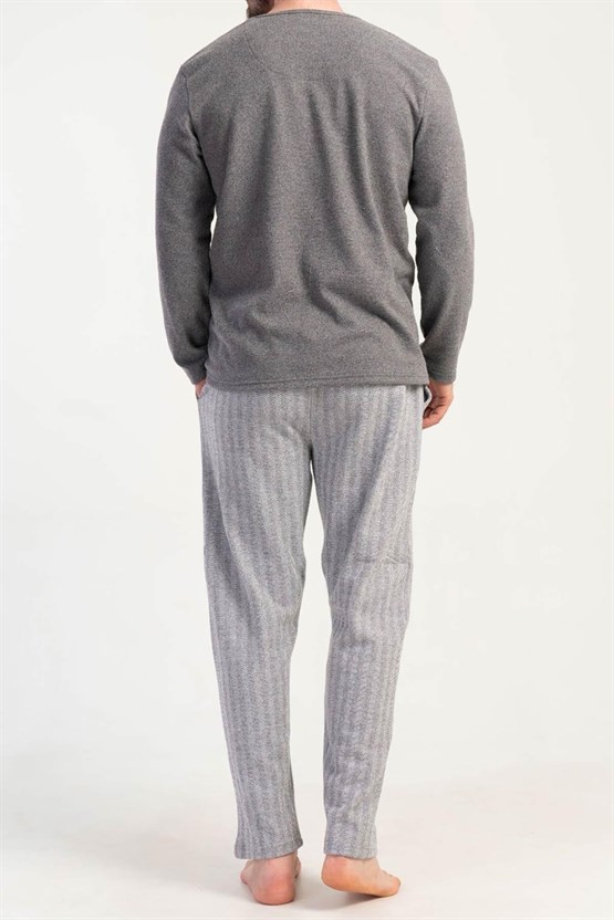 Mısırlı Erkek İnterlok Çizgili Uzun Kollu Pijama Takımı Gri