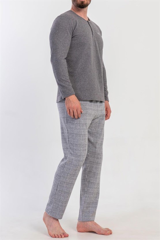 Mısırlı Erkek İnterlok Ekose Desenli Uzun Kollu Pijama Takımı Gri