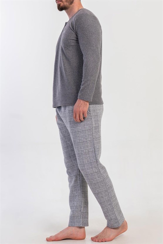 Mısırlı Erkek İnterlok Ekose Desenli Uzun Kollu Pijama Takımı Gri