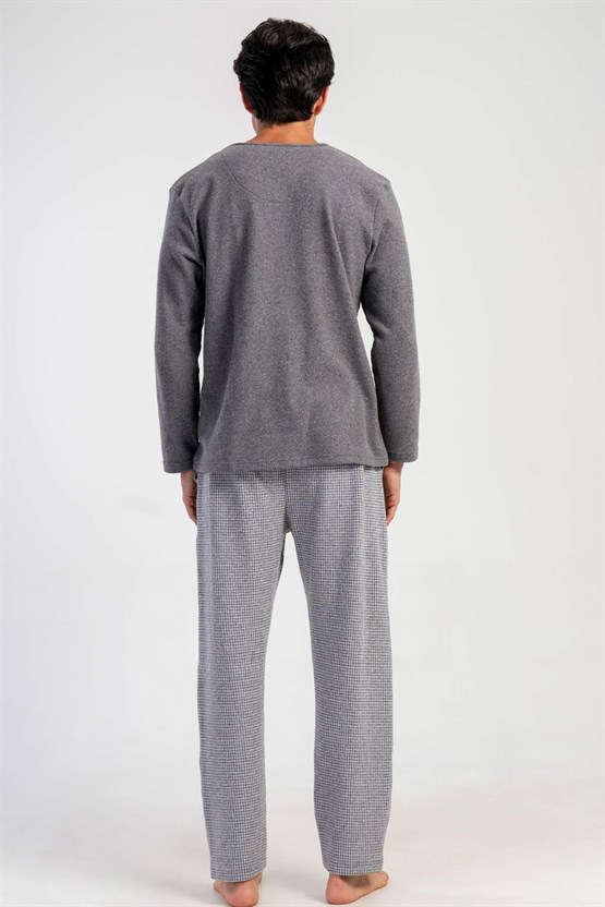 Mısırlı Erkek İnterlok Mikro Desenli Uzun Kollu Pijama Takımı Gri
