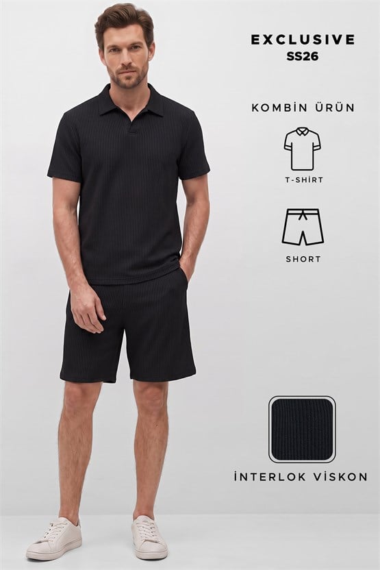 Mısırlı Erkek Jakarlı İnterlok Regular Fit Polo Tshirt Sort Takım Siyah