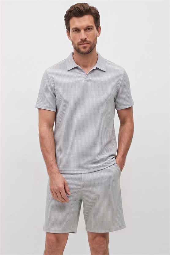 Mısırlı Erkek Jakarlı İnterlok Regular Fit Polo Tshirt Sort Takım Gri
