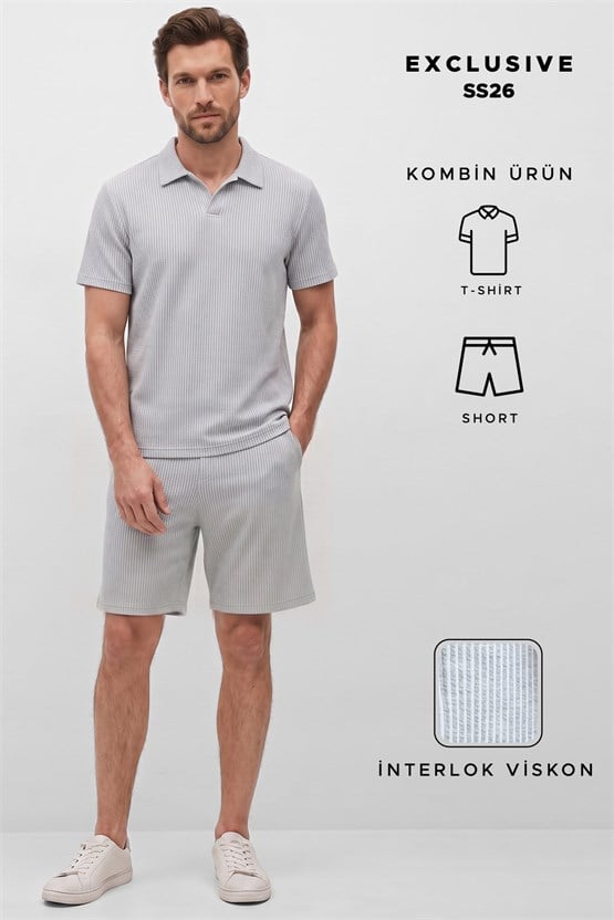 Mısırlı Erkek Jakarlı İnterlok Regular Fit Polo Tshirt Sort Takım Gri