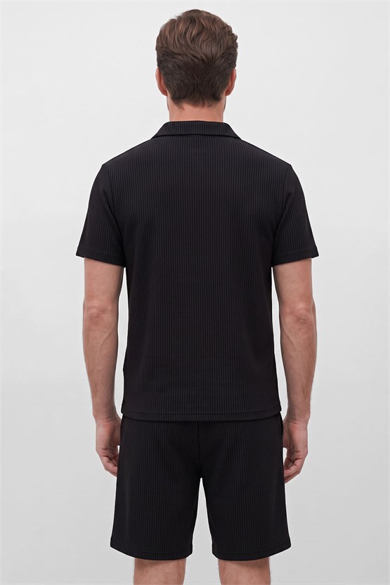 Mısırlı Erkek Jakarlı İnterlok Regular Fit Polo Tshirt Sort Takım Siyah