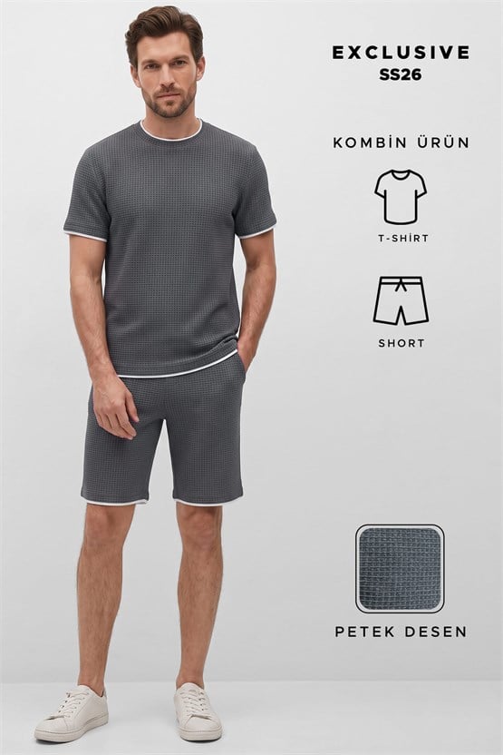 Mısırlı Erkek Jakarlı İnterlok Slim Fit Tshirt Sort Takım Antrasit
