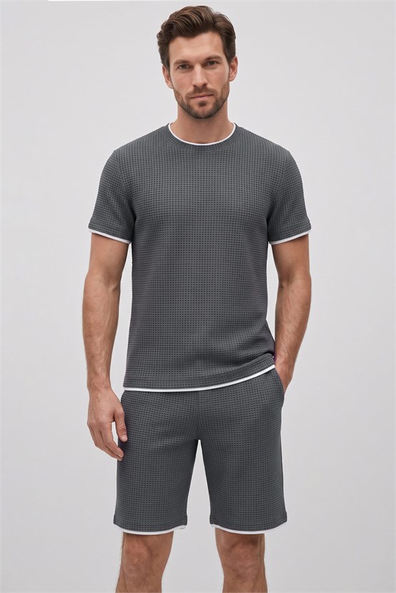 Mısırlı Erkek Jakarlı İnterlok Slim Fit Tshirt Sort Takım Antrasit