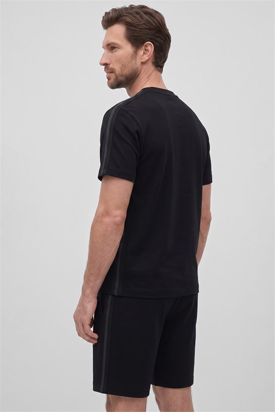 Mısırlı Erkek Jakarlı İnterlok Tiktak Detaylı Tshirt Sort Takım Siyah