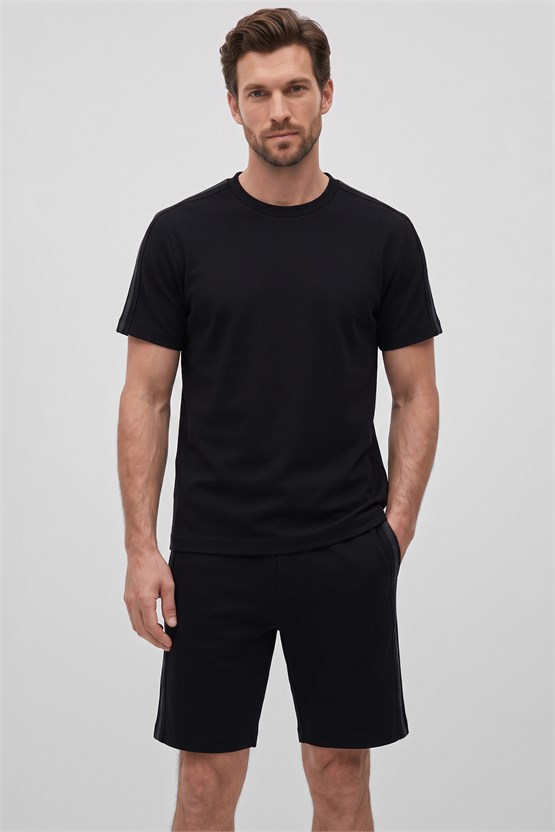 Mısırlı Erkek Jakarlı İnterlok Tiktak Detaylı Tshirt Sort Takım Siyah