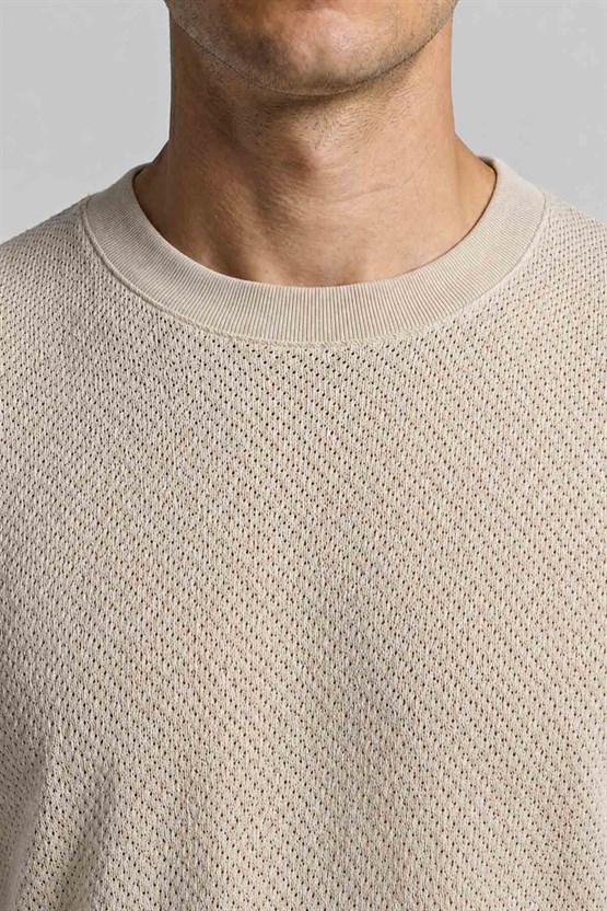 Mısırlı Erkek Jakarlı Pamuk Bisiklet Yaka T-shirt Bej
