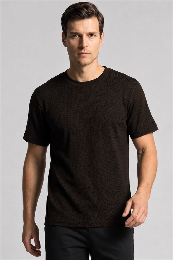 Mısırlı Erkek Jakarlı Pamuk Bisiklet Yaka T-shirt Koyu Kahverengi