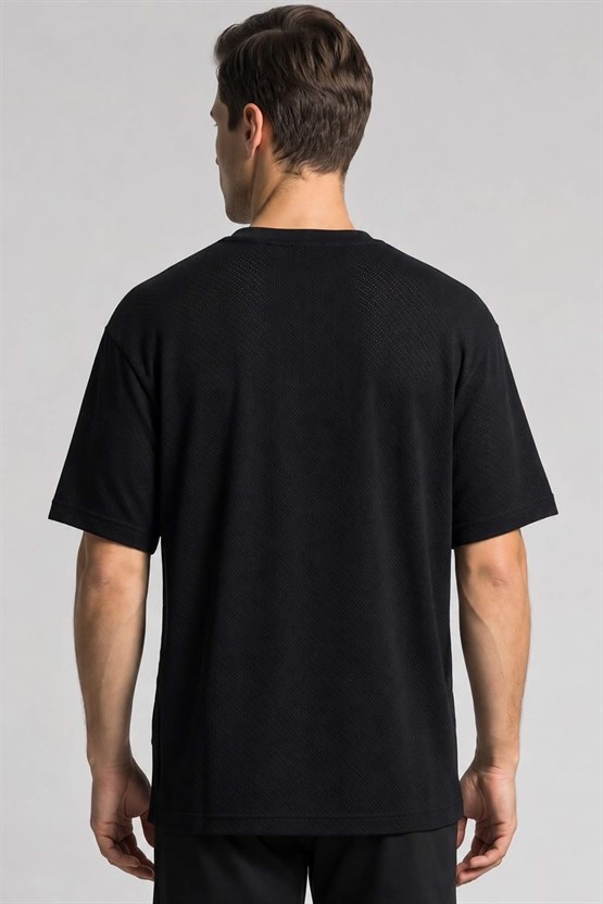Mısırlı Erkek Jakarlı Pamuk Bisiklet Yaka T-shirt Siyah