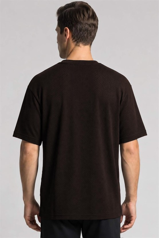 Mısırlı Erkek Jakarlı Pamuk Bisiklet Yaka T-shirt Koyu Kahverengi
