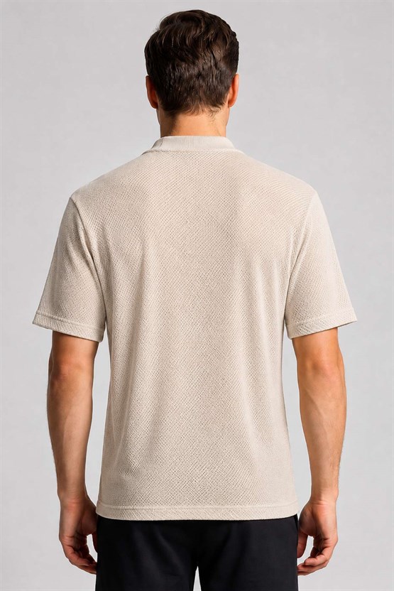 Mısırlı Erkek Jakarlı Pamuk Bisiklet Yaka T-shirt Bej