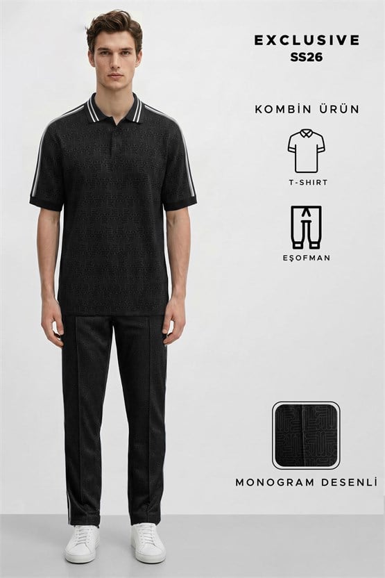 Mısırlı Erkek Monogram Desenli Polo Tshirt Eşofman Takım Siyah