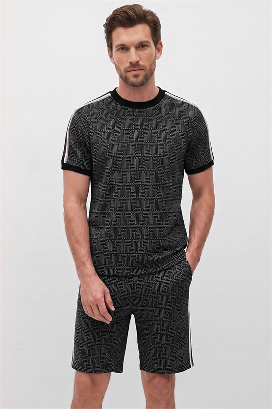 Mısırlı Erkek Monogram Desenli Slim Fit Tshirt Sort Takım Siyah