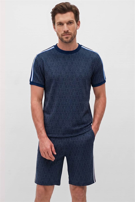 Mısırlı Erkek Monogram Desenli Slim Fit Tshirt Sort Takım Lacivert