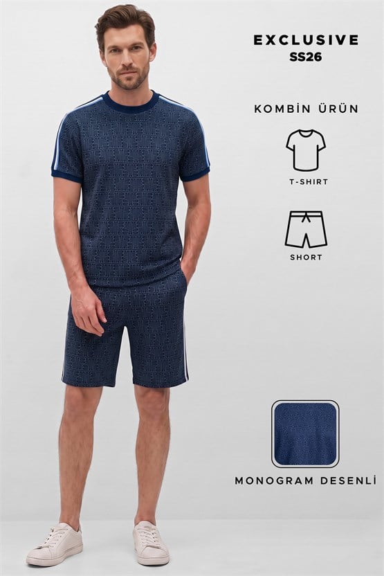 Mısırlı Erkek Monogram Desenli Slim Fit Tshirt Sort Takım Lacivert