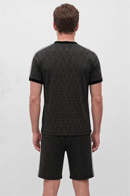 Mısırlı Erkek Monogram Desenli Slim Fit Tshirt Sort Takım Siyah