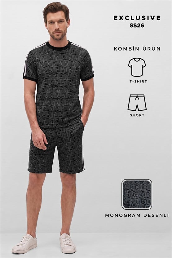 Mısırlı Erkek Monogram Desenli Slim Fit Tshirt Sort Takım Siyah