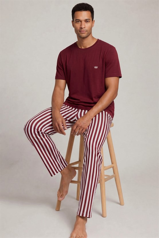 Mısırlı Erkek Pamuk Çizgili Pijama Takım Bordo