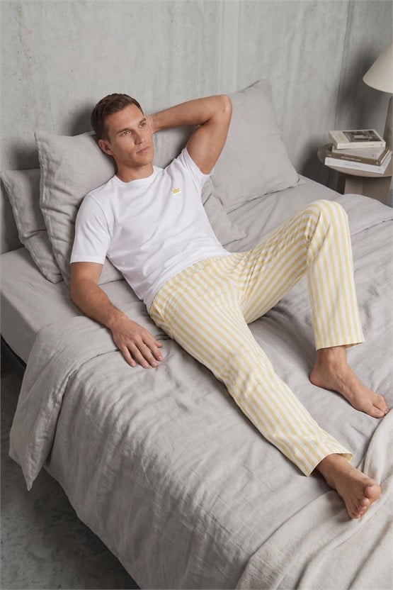 Mısırlı Erkek Pamuk Çizgili Pijama Takım Beyaz-Sarı