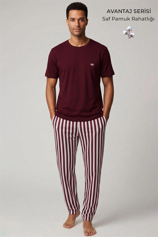 Mısırlı Erkek Pamuk Çizgili Pijama Takım Bordo