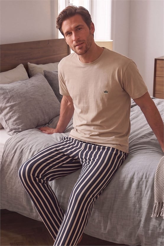 Mısırlı Erkek Pamuk Çizgili Pijama Takım Bej-Acı Kahve