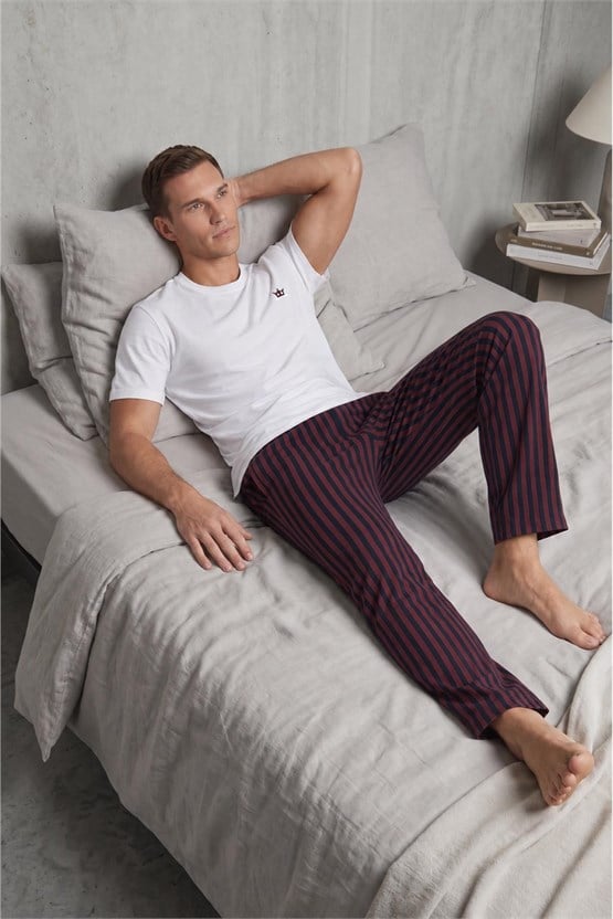 Mısırlı Erkek Pamuk Çizgili Pijama Takım Beyaz-Bordo
