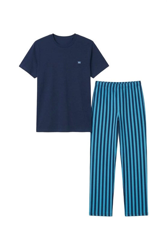 Mısırlı Erkek Pamuk Çizgili Pijama Takım Lacivert/Mavi
