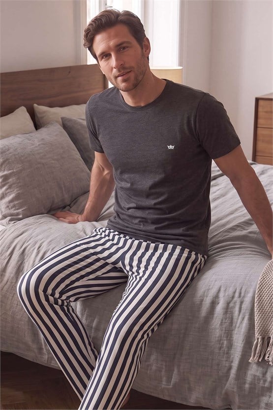 Mısırlı Erkek Pamuk Çizgili Pijama Takım Antrasit