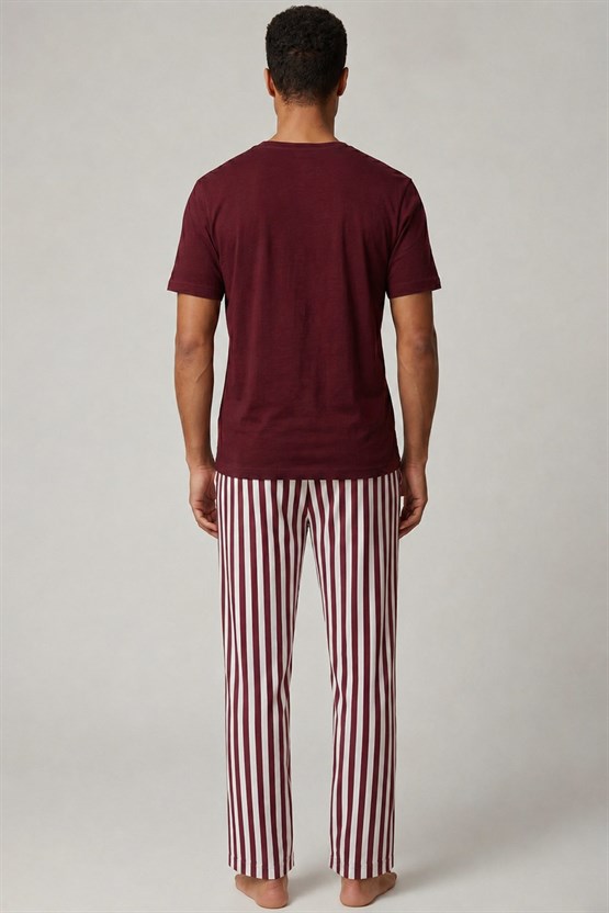 Mısırlı Erkek Pamuk Çizgili Pijama Takım Bordo