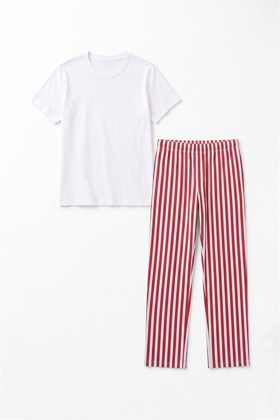 Mısırlı Erkek Pamuk Çizgili Pijama Takım Beyaz-Kırmızı