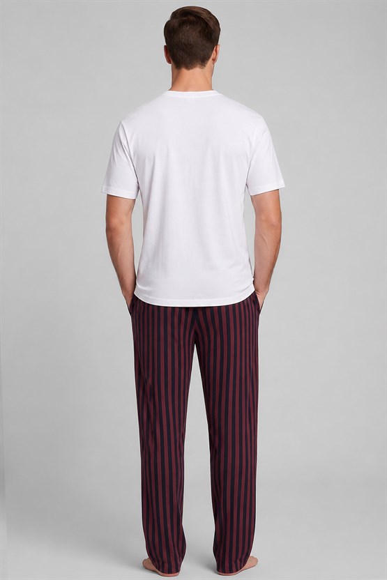 Mısırlı Erkek Pamuk Çizgili Pijama Takım Beyaz-Bordo