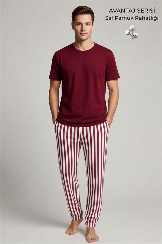 Mısırlı Erkek Pamuk Çizgili Pijama Takım Bordo