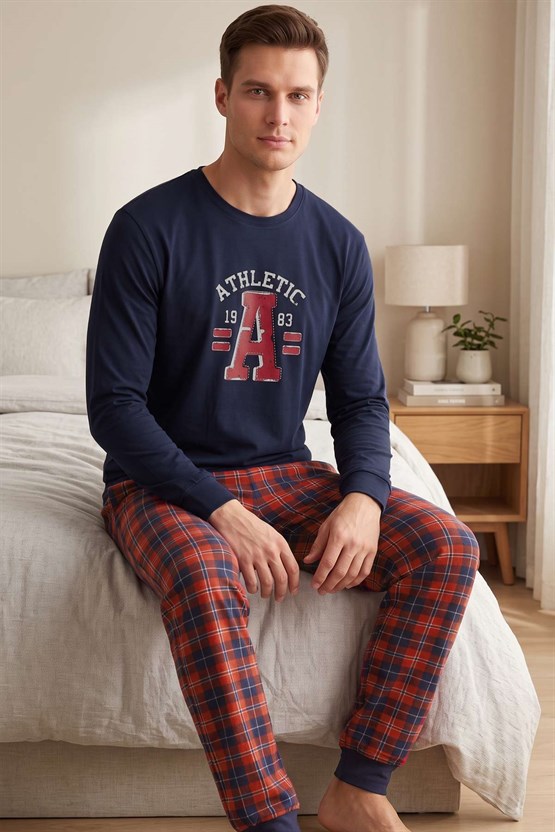 Mısırlı Erkek Pamuk Ekoseli Pijama Takım Lacivert