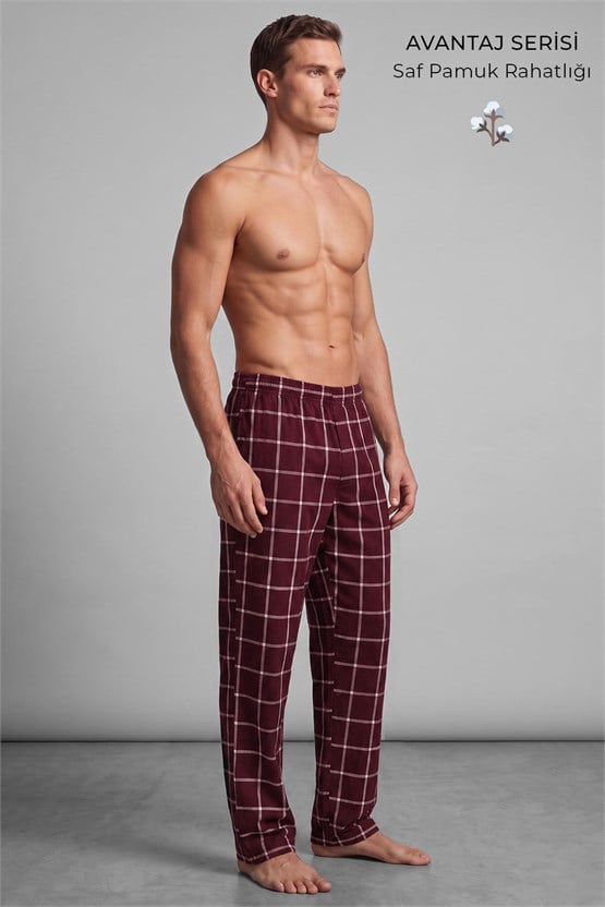Mısırlı Erkek Pamuk İnce Ekoseli Alt  Pijama Bordo