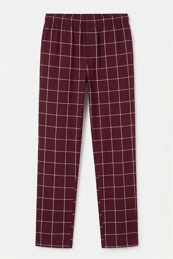 Mısırlı Erkek Pamuk İnce Ekoseli Alt  Pijama Bordo