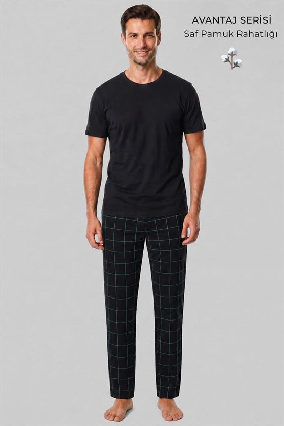 Mısırlı Erkek Pamuk İnce Ekoseli Alt  Pijama Siyah-Mint