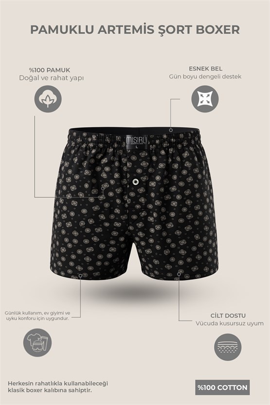Mısırlı Erkek Pamuk Köşe Üçgen Relax Fit Boxer Geometrik Desen/Siyah