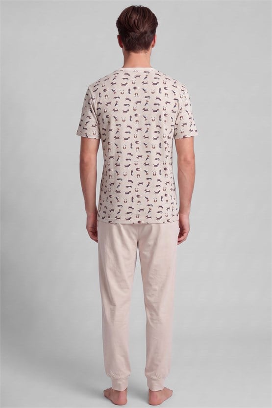 Mısırlı Erkek Pamuklu Animal Desenli Pijama Takım Açık Bej