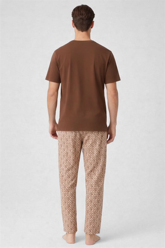 Mısırlı Erkek Pamuklu Bisiklet Yaka Düğmeli Pijama Takım Kahve/Bej